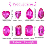 64Pcs 4 Style Glass Rhinestone Cabochons, Faceted, Flat Back & Back Plated, Rectangle & Teardrop & Heart & Oval, Fuchsia, 12~18x12~13x5~6mm, 16pcs/style