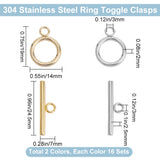 32Pcs 2 Colors 304 Stainless Steel Ring Toggle Clasps, Ring, Real 24K Gold Plated & Stainless Steel Color, Ring: 19x14x2mm, Hole: 3mm, Bar: 24.5x7x2.5mmm, Hole: 3mm, 16pcs/color