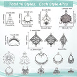 64Pcs 16 Style Tibetan Style Alloy Chandelier Component Links, Mixed Shapes, Antique Silver, 14~35x13.3~33.5x1~2.5mm, Hole: 1.5~3mm, 4pcs/style