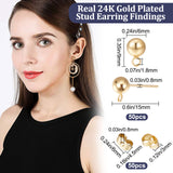50Pcs 304 Stainless Steel Stud Earring Findings, Ball Stud Earring Post, with Horizontal Loops and Ear Nut/Earring Backs, Real 24K Gold Plated, 9mm, Hole: 1.8mm, Pin: 0.8mm