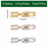 9Pcs 3 Colors Brass Fold Over Clasps, Bracelet, Necklace Jewelry Extender, Mixed Color, 20~29mm, Link: 8x5.5x2mm, Clasp: 10x2x4mm, 3pcs/color