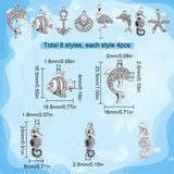 32Pcs 8 Styles Alloy with Crystal Rhinestone & Black Enamel Pendants, Sea Horse & Dolphin & Starfish & Anchor & Flamingo Charms, Platinum, 17~28x8~18x2.2~6mm, Hole: 1.5~2mm, 4Pcs/style