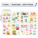 8 Sheets 8 Styles Summer Theme PVC Waterproof Wall Stickers, Self-Adhesive Decals, for Window or Stairway Home Decoration, Rectangle, Mixed Shapes, 200x145mm, about 1 sheets/style