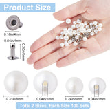 200 Sets 2 Style ABS Plastic Imitation Pearl Rivet Studs, with Iron Findings, White, 6~8mm, Finding: 4x5mm, 100 sets/style