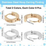 16Pcs 2 Colors 201 Stainless Steel Hoop Earrings Findings, with Vertical Loop, with 316 Surgical Stainless Steel Earring Pins, Ring, Golden & Stainless Steel Color, 15.5x14x3mm, Hole: 1.4mm, Pin: 1mm, 8Pcs/color