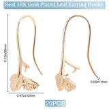 20Pcs Brass Earring Hooks, Ear Wire for Half Drilled Beads, Leaf, Nickel Free, Real 18K Gold Plated, 30x12mm, Pin: 1mm