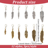 Tibetan Style Alloy Pendant Decoration, with Lobster Claw Clasps, Feather, Mixed Color, 32~58mm, 12 style, 3pcs/style, 36pcs/set