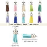 100Pcs 10 Colors Faux Suede Tassel Pendant Decorations, with CCB Plastic Cord Ends, Platinum, Mixed Color, 35~37x10mm, Hole: 2.5~3mm, 10pcs/color