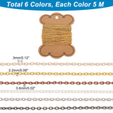 30M 6 Colors Iron Cable Chains, Unwelded, with Spool, Flat Oval, Mixed Color, 3x2.2x0.6mm, 5m/color