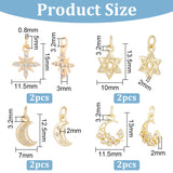 8Pcs 4 Style Brass Micro Pave Cubic Zirconia Charms, with Jump Ring, Star & Moon Charm, Real 18K Gold Plated, 12.5~15x7~11.5x2~3mm, Hole: 3.2mm, 2pcs/style