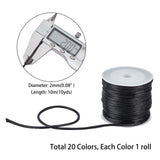 Nylon Rattail Satin Cord, Beading String, for Chinese Knotting, Jewelry Making, Mixed Color, 2mm, about 10m/roll, 20 colors, 1roll/color, 20rolls/set