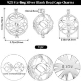 1Pc Rhodium Plated 925 Sterling Silver Empty Bead Cage Pendants, Round with Flower, Platinum, 25x18mm, Hole: 2.5mm, Inner Diameter: 16.5mm