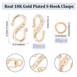 20Pcs Brass S-Hook Clasps, Long-Lasting Plated, with 40Pcs 304 Stainless Steel Open Jump Rings, Real 18K Gold Plated, S-Hook Clasps: 13.5x8x3mm