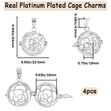 4Pcs Brass Cage Pendants, Hollow Round Charms with Rose For Chime Ball Pendant Necklaces Making, Cadmium Free & Nickel Free & Lead Free, Real Platinum Plated, 24x23.5x19mm, Hole: 4.5mm, Inner Diameter: 16mm