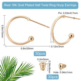 30Pcs Brass C-shape Stud Earrings, Half Hoop Earrings for Women, with 30Pcs 304 Stainless Steel Ear Nuts, Real 18K Gold Plated, 15x20x3mm, Pin: 0.7mm