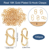 100Pcs 304 Stainless Steel S-Hook Clasps, Real 18K Gold Plated, 13x7x1mm