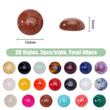 40Pcs 20 Styles Natural & Synthetic Mixed Gemstone Cabochons, Half Round/Dome, Mixed Dyed and Undyed, 12x5mm, 2pcs/style