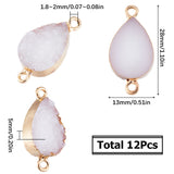 12Pcs Druzy Quartz Crystal Connector Charms, Teardrop Links, with Golden Plated Alloy Findings, White, 28x13x5mm, Hole: 1.8~2mm