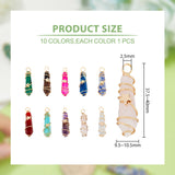 10Pcs 10 Styles Gemstone & Glass Pointed Copper Wire Wrapped Pendants, Faceted Bullet Charm, Mixed Dyed and Undyed, Real 18K Gold Plated, 37.5~40x9.5~10.5x11mm, Hole: 2.5~3mm, 1pc/style
