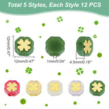 60Pcs 5 Style Imitation Jade Spray Painted Glass Beads, with Golden Plated Brass Findings, Clover, for Saint Patrick's Day, Mixed Color, 12x12x4.5mm, Hole: 1mm, 12Pcs/style