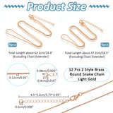 12Pcs 2 Style Brass Round Snake Chain Necklaces Set, Light Gold, 18.5~24.4 inch(47.2~62.2cm), 6Pcs/style
