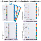3 Books 3 Style A4 Plastic 12/21/31-Tab Binder Index Dividers, 11-Hole Punched Paper Binder Dividers, Insertable Multicolor Tabs, for Office, School, Home, Mixed Color, 295x225x1.5~4mm, Hole: 6mm, 1 book/style