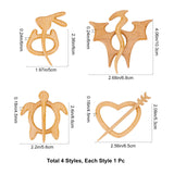 4Set 4 Style Turtle & Heart & Dragon & Rabbit Wooden Shawl Pin, Scarf Clips, Wheat, 50~68x53~103x4.5~6mm, Pin: 70.5~100x13~58x4~6mm, 1set/style