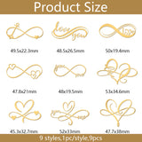 Nickel Decoration Stickers, Metal Resin Filler, Epoxy Resin & UV Resin Craft Filling Material, Golden, for Valentine's Day, Wedding, Infinity, 40x40mm, 9 style, 1pc/style, 9pcs/set
