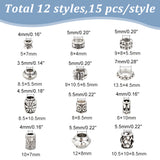 180Pcs 12 Style Tibetan Style Alloy Beads, Column & Butterfly & Rondelle, Antique Silver, 5~13.5x4~10.5mm, 15pcs/style