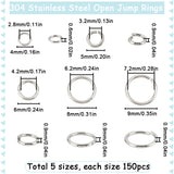 750Pcs 5 Styles 304 Stainless Steel Open Jump Rings, Round Ring, Stainless Steel Color, 22 Gauge~19 Gauge, 4~9x0.6~0.9mm, Inner Diameter: 2.8~7.2mm, 150pcs/style