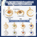 8Pcs 8 Colors Brass Micro Pave Clear Cubic Zirconia Glass Pendants, with Jump Ring, Long-Lasting Plated, Moon, Cadmium Free & Lead Free, Mixed Color, 21x16.5x4.5mm, Jump Ring: 5x0.8mm, 3.5mm Inner Diameter, 1pc/color