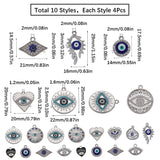 40Pcs 10 Styles Alloy Crystal Rhinestone Pendants, with Enamel Evil Eye, Heart & Rectangle & Flat Round Charms, Platinum, 14.5~29x16~21x2~3mm, Hole: 1.2~2mm, 4Pcs/style