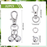 32Pcs 304 Stainless Steel Bell Charm Decorations, with Alloy Swivel Lobster Claw Clasps, Swivel Snap Hook, Stainless Steel Color, 47mm, Bell: 13x10mm