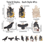 32Pcs 8 Style Alloy Enamel Pendants, Light Gold, Crow Charm, Mixed Color, 20x22.5x1.5mm, Hole: 1.6mm, 4pcs/style