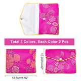 10Pcs 5 Colors Embroidery Damask Cloth Pouches, with Snap Button and Zipper, Small Gift Bags for Jewelry, Mixed Color, 10.2x12.5cm, 2pcs/color