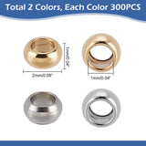 600Pcs 2 Colors 304 Stainless Steel Spacer Beads, Rondelle, Golden & Stainless Steel Color, 2x1mm, Hole: 1mm, 300pcs/color