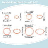 200Pcs 4 Styles Brass Jump Rings, Round Ring, Rose Gold, 6~12x1~1.2mm, 16 Gauge~18 Gauge, Inner Diameter: 3.8~9.3mm, 50pcs/style