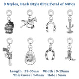 64Pcs 8 Style Cowboy Theme Tibetan Style Alloy European Dangle Charms, Large Hole Pendant, Horseshoes & Horse & Cactus, Antique Silver, 29~35mm, 8Pcs/style