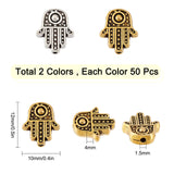 100Pcs 2 Style Tibetan Style Alloy Hamsa Hand/Hand of Miriam Beads, Mixed Color, 12x10x4mm, Hole: 1.5mm, 100pcs