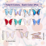 16Pcs 8 Colors Brass Glass Connector Charms, Butterfly Links, with Crystal Rhinestone, Golden, Mixed Color, 20.5x21.5x5mm, Hole: 1.2mm, 2pcs/color