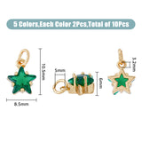 10Pcs 5 Colors Rack Plating Brass Micro Pave Cubic Zirconia Charms, with Jump Rings, Long-Lasting Plated, Cadmium Free & Lead Free, Star, Real 18K Gold Plated, Mixed Color, 10.5x8.5x6mm, jump rings: 5x0.9mm, Hole: 3.2mm, 2pcs/color