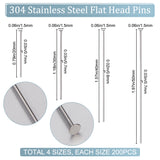 800Pcs 4 Styles 304 Stainless Steel Flat Head Pins, Stainless Steel Color, 20~50x0.6~0.7mm, 21~23 Gauge, Head: 1.2~1.5mm, 200pcs/style