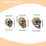 3Pcs 3 Style Brass Beads, Skull, Raw(Unplated), 12~25x11~22.5x14~17mm, 1pc/style