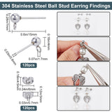 120Pcs 304 Stainless Steel Ball Stud Earring Findings, with Horizontal Loops & 120Pcs 201 Stainless Steel Ear Nuts, Stainless Steel Color, 15x7x4mm, Hole: 1.7mm, Pin: 0.8mm