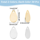 60Pcs 2 Colors Brass Charms, Teardrop, Golden & Silver, 10x6x0.5mm, Hole: 1mm, 30pcs/color