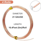 4 Roll Copper Spring Wire, Round, Rose Gold, 21 Gauge(0.7mm), 0.7mm, about 16.40 Feet(5m)/roll