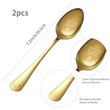 Stainless Steel Spoons Set, with Packing Box, Word To A Lifetime Of Ice Cream Together, Golden Color, Ice Cream Pattern, 182x43mm, 2pcs/set