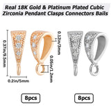 16Pcs 2 Colors Brass Cubic Zirconia Tube Bails, Loop Bails, Teardrop, Clear, Nickel Free, Platinum & Golden, 9.5x5x3mm, Hole: 1.2mm, 8Pcs/color