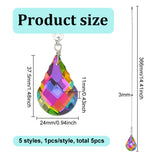 Electroplated Glass Ceiling Fan Pull Chain Extenders, Faceted Teardrop Pendant Decoration, with 304 Stainless Steel Ball Chains, Mixed Color, 365~367mm, 5 style, 1pcs/style, 5pcs/set