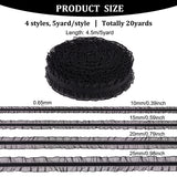 20 Yards 4 Styles Pleated Chiffon Elastic Lace Trim, Nylon Lace Ribbon for Jewelry Making, Garment Accessories, Black, 3/8~1 inch(10~25mm), 5 yards/style